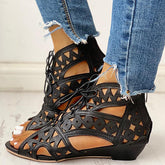 Hollow Out Lace-Up Pu Wedge Sandals